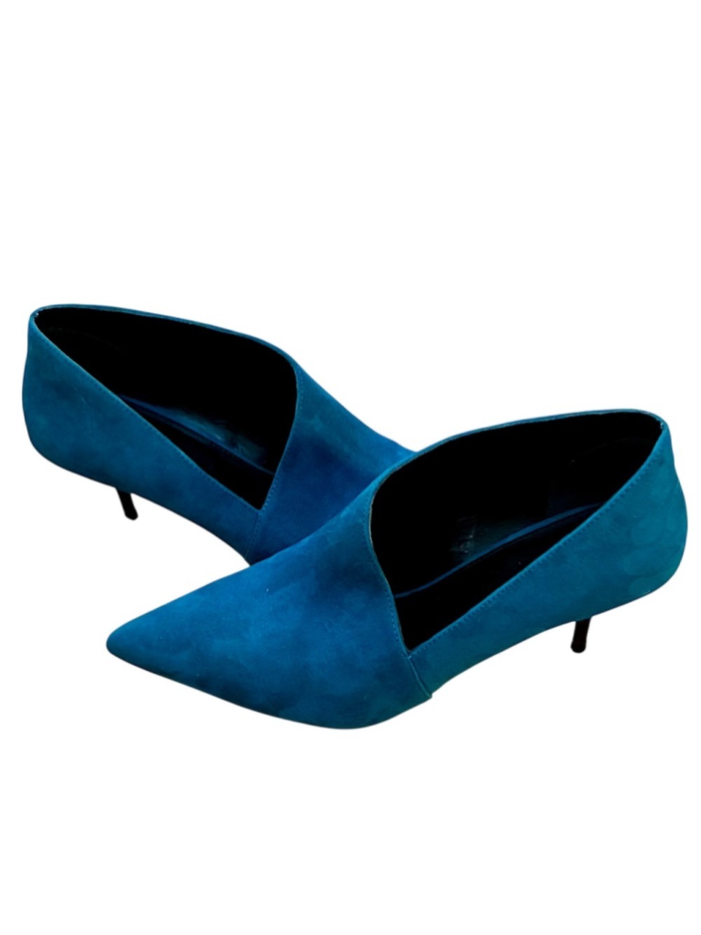 Next Teal Blue Suede Pointed Toe V-Cut Kitten Heel Ankle Booties Size US 9 - Picture 3 of 10